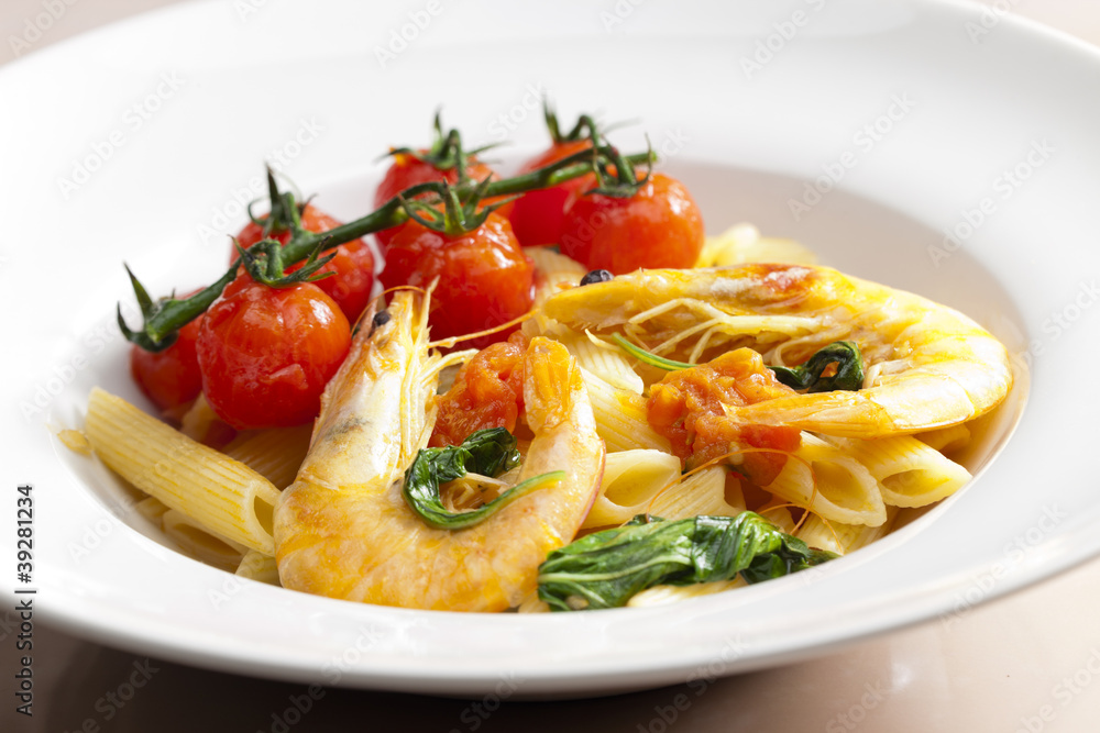 pasta penne with prawns, spinach and grilled cherry tomatoes pasta penne with prawns, spinach and grilled cherry tomatoes