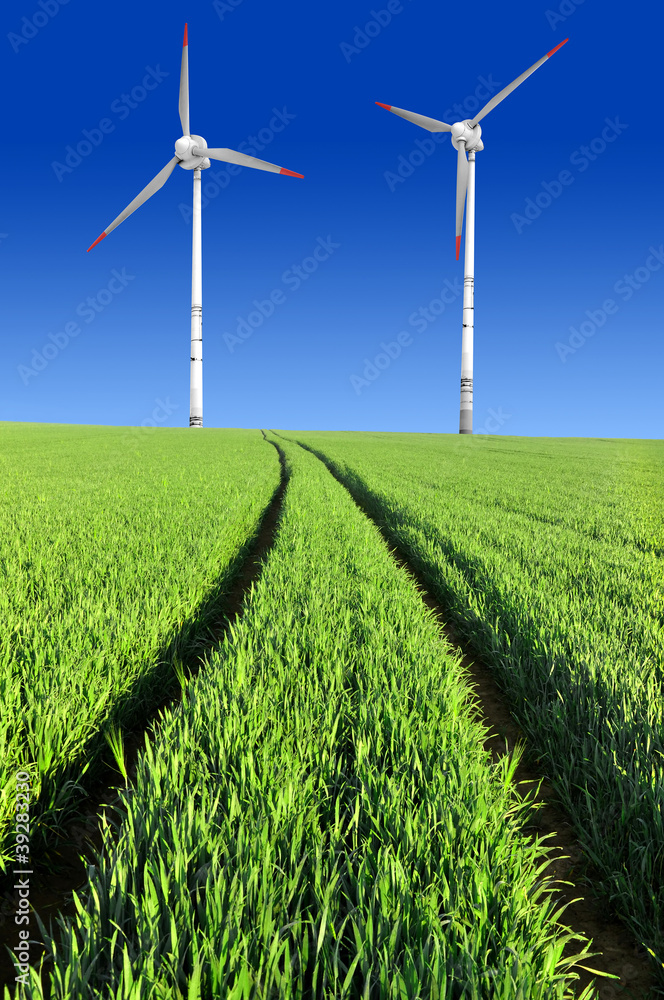Spring landscape with wind turbines Spring landscape with wind turbines