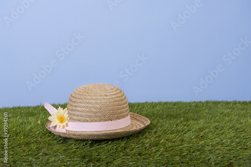 summerhat with daisy on grass field photo