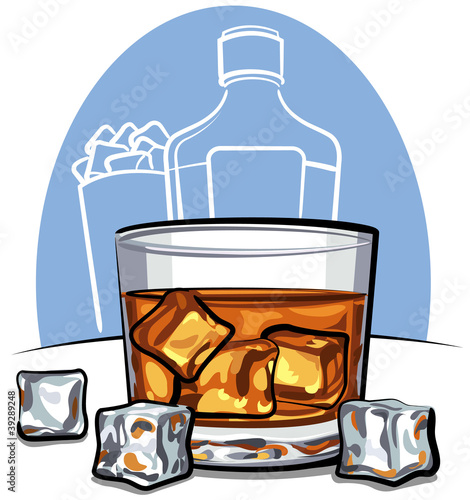 Glass of scotch whiskey and ice cubes