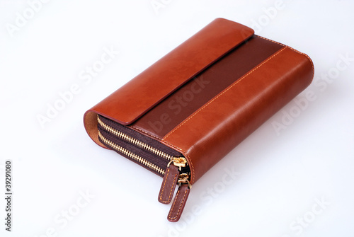 Elegant brown leather wallet on white background