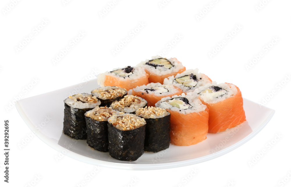Tasty rolls served on white plate isolated on white Tasty rolls served on white plate isolated on white