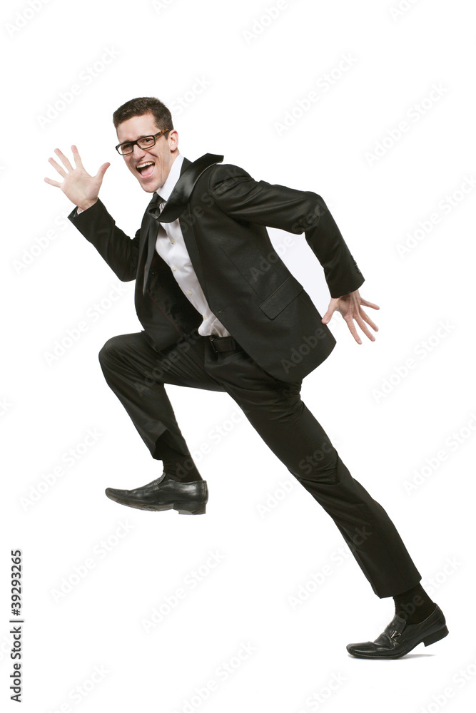 Businessman in black suit on white.