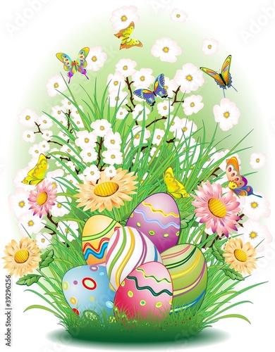 Pasqua-Uova e Sfondo Natura-Easter Eggs and Spring Flowers