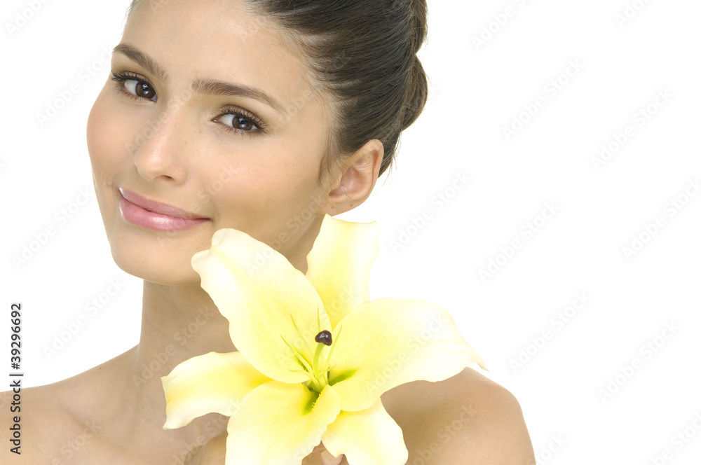 Close up girl holding lily flower in her hands Close up girl holding lily flower in her hands