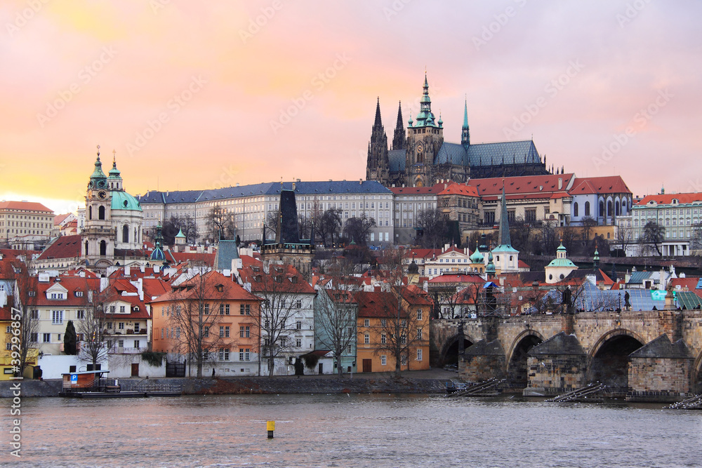 View on Prague gothic Castle with Charles Bridge after Sunset