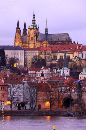 View on Bright Prague gothic Castle in the Night, Czech Republic
