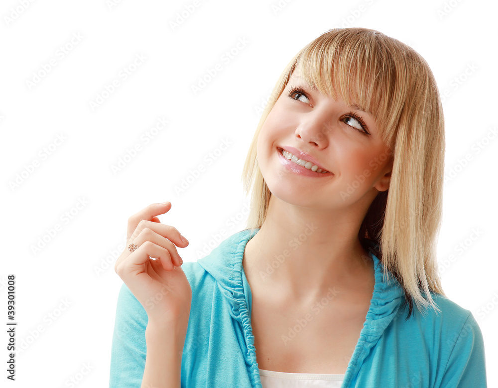 A young pensive girl looking up A young pensive girl looking up
