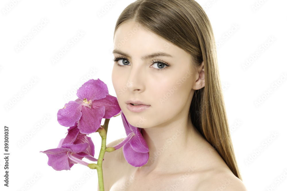 pretty woman with beautiful makeup holding violet orchid pretty woman with beautiful makeup holding violet orchid