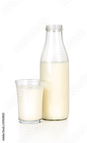 milk bottle with glass isolated on white