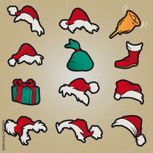 Set of red santa hats and clothing and christmas icons