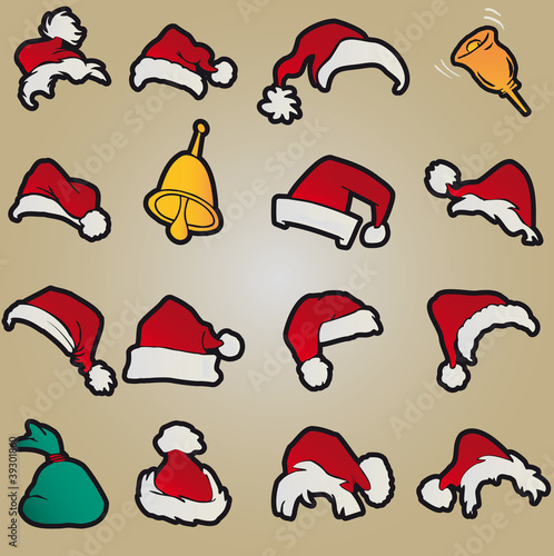 Set of red santa hats and clothing and christmas icons