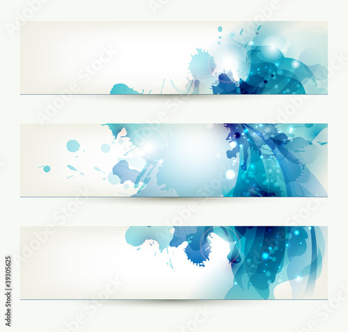 set of three banners, abstract headers with blue blots