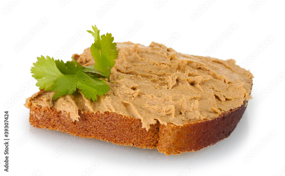 Fresh pate on bread isolated on white