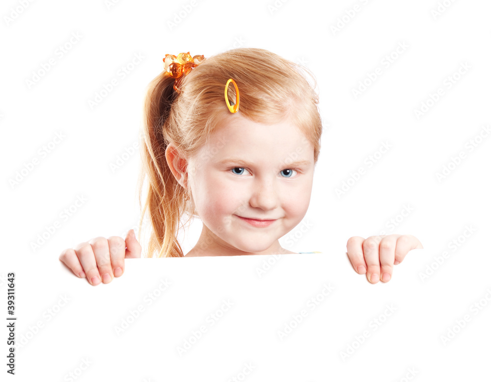 Smiling girl holding white sheet of a paper, isolated on white Smiling girl holding white sheet of a paper, isolated on white