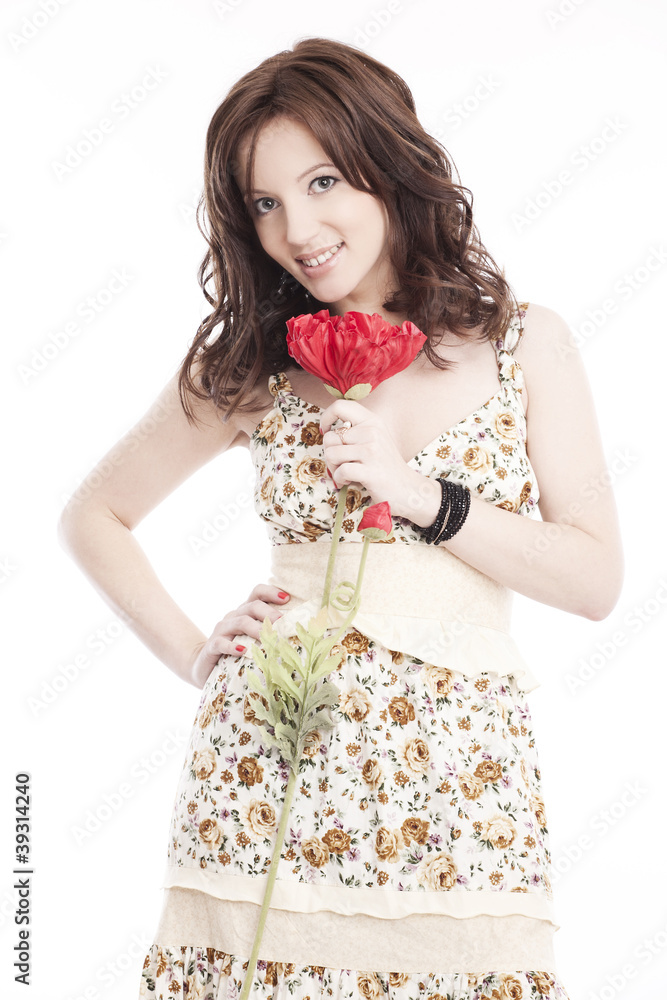 Portrait of a beautiful woman with perfect skin and a red flower Portrait of a beautiful woman with perfect skin and a red flower