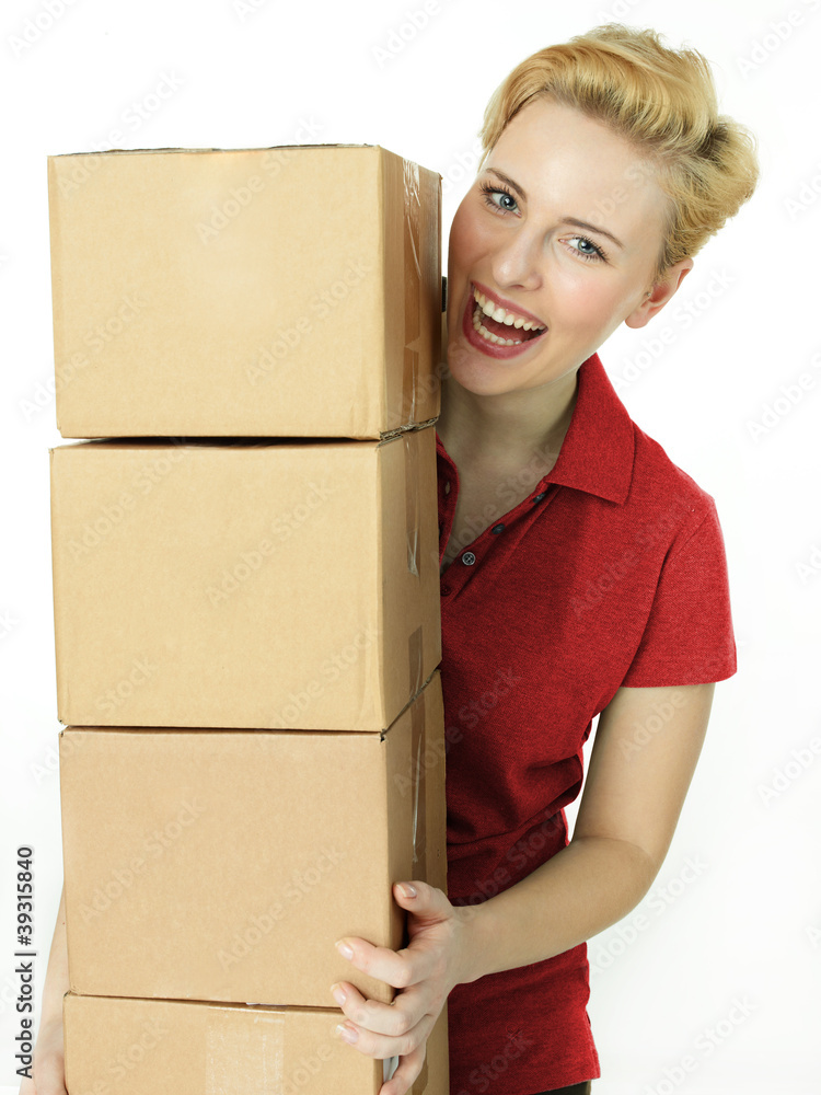 Young woman at work has fun as a parcel service - obrazy, fototapety, plakaty 