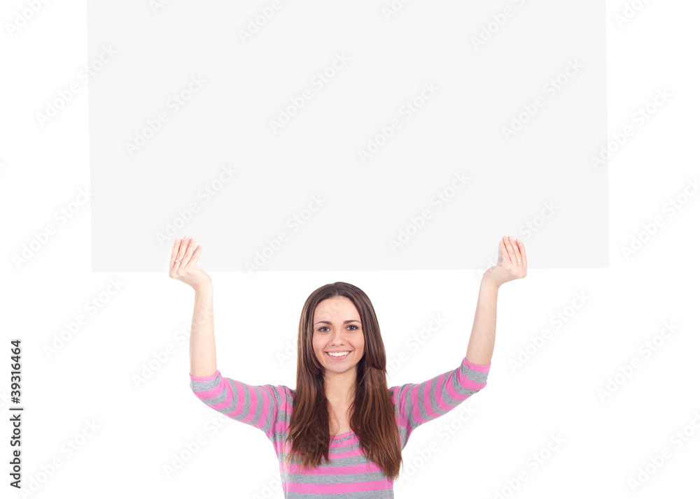 Happy smiling young business woman showing blank signboard Happy smiling young business woman showing blank signboard