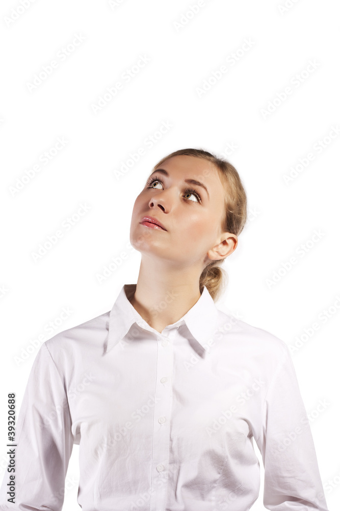 Thinking business woman smiling looking up Thinking business woman smiling looking up