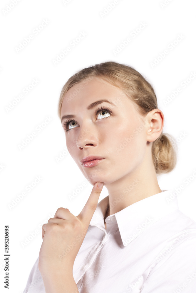 Thinking business woman smiling looking up Thinking business woman smiling looking up