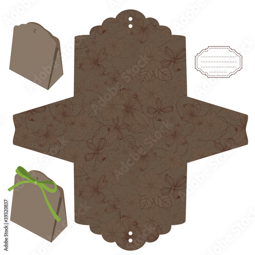 Favor box die cut. Floral pattern. Empty label.