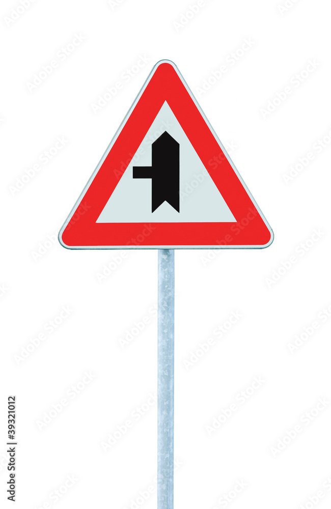 Crossroads Warning Main Road Sign With Pole Left, isolated Crossroads Warning Main Road Sign With Pole Left, isolated