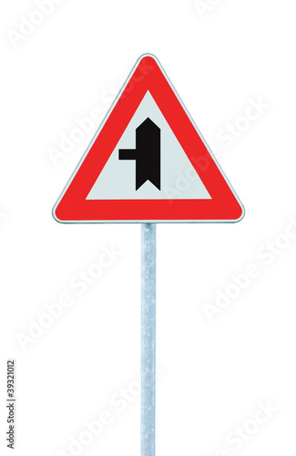 Crossroads Warning Main Road Sign With Pole Left, isolated