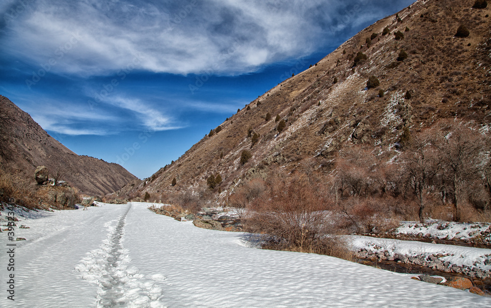 Volumetric landscape of mountains. Snowy trail Volumetric landscape of mountains. Snowy trail