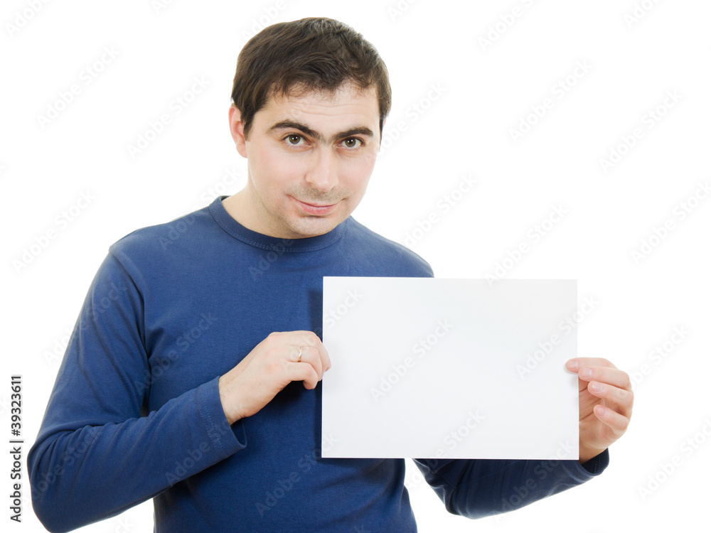 Smiling business man displaying blank card. Smiling business man displaying blank card.