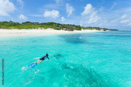 Fototapeta Naklejka Na Ścianę i Meble -  Snorkeling in coral lagoon of a deserted tropical island