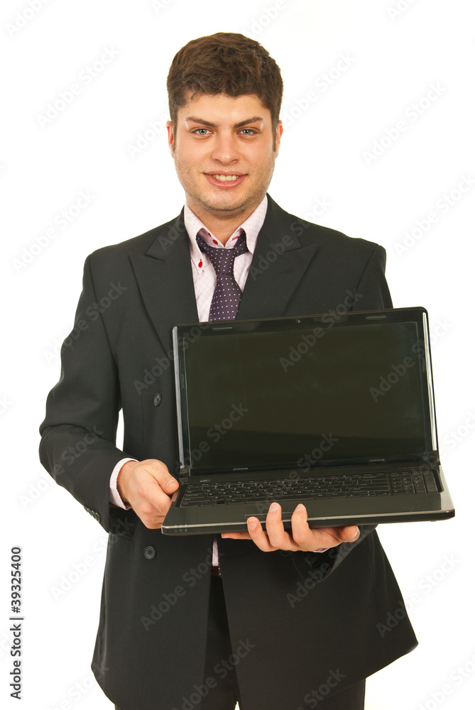 Business man showing open laptop Business man showing open laptop