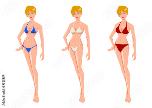 An attractive blond woman wearing three different bikinis