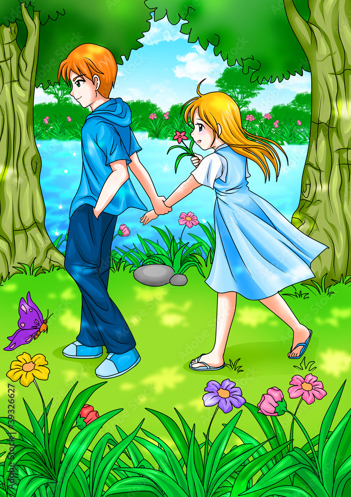 Cartoon illustration of teen couple walking in the garden Stock  Illustration | Adobe Stock
