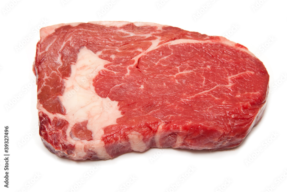 Rib Eye steak on a white studio background.