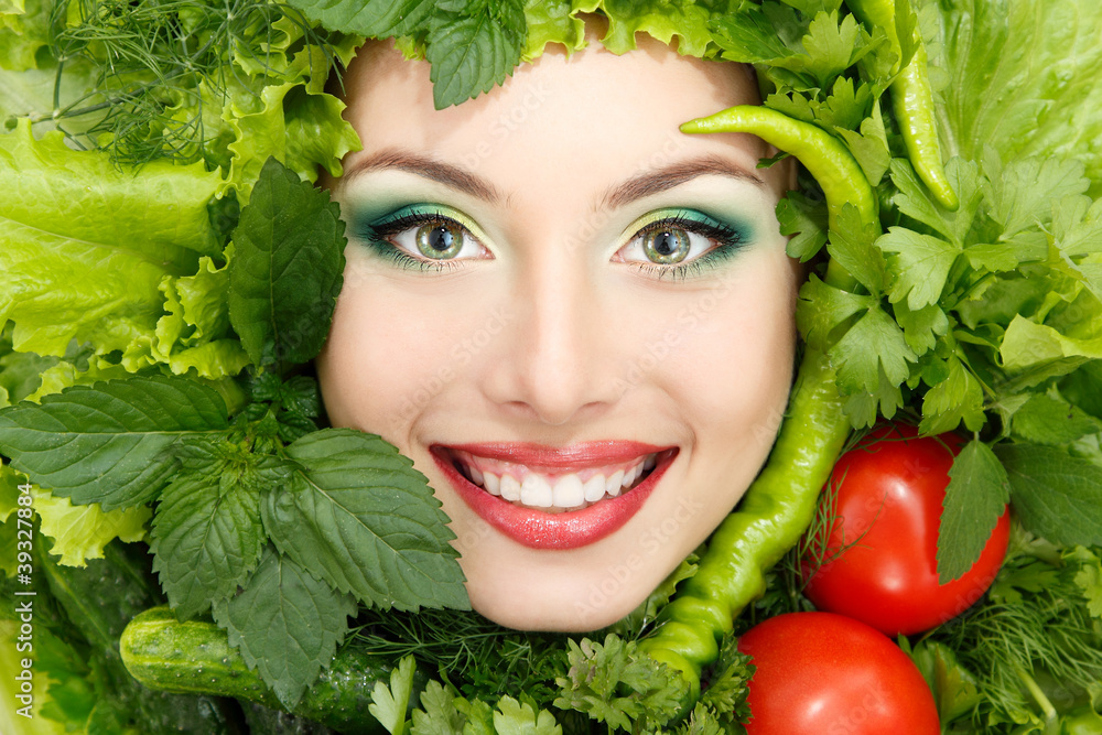 greens vegetables frame woman beauty face greens vegetables frame woman beauty face