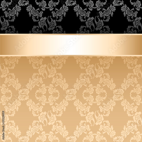Seamless pattern floral, decorative background, gold ribbon