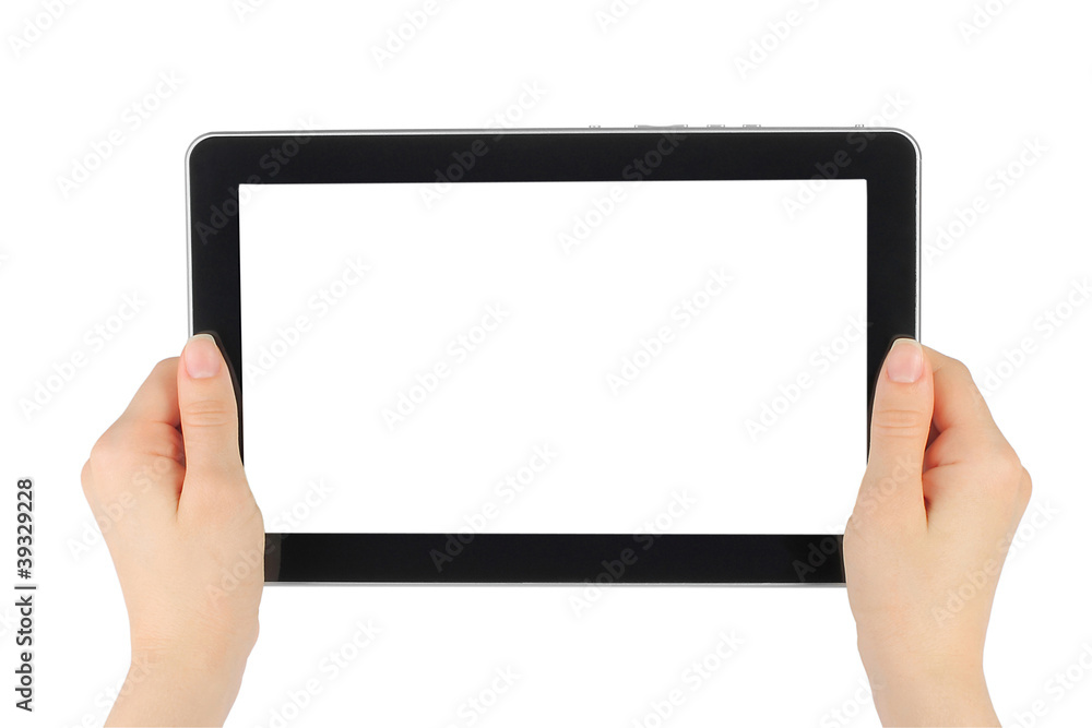 Woman hands holding touch screen device on white background Woman hands holding touch screen device on white background