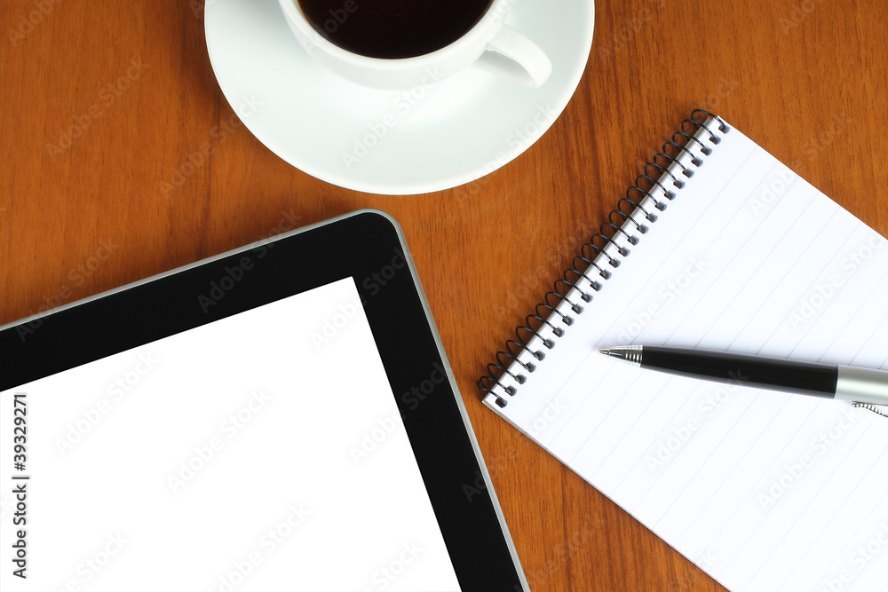 Touch screen device, notepad, pen and cup of coffee Touch screen device, notepad, pen and cup of coffee