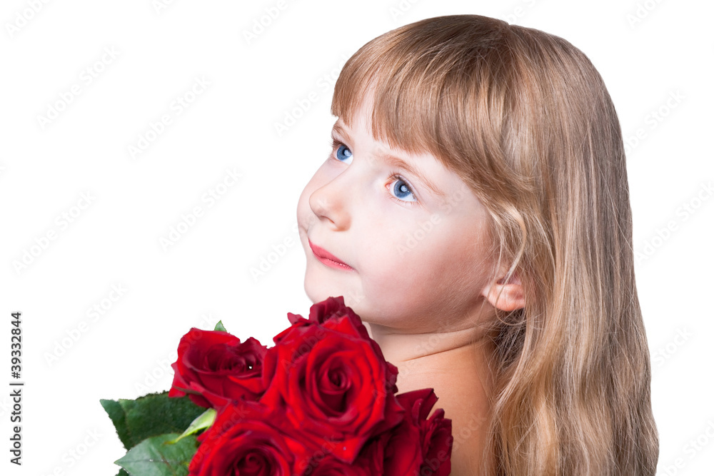 adorable girl with bouquet of red roses isolated over white back adorable girl with bouquet of red roses isolated over white back