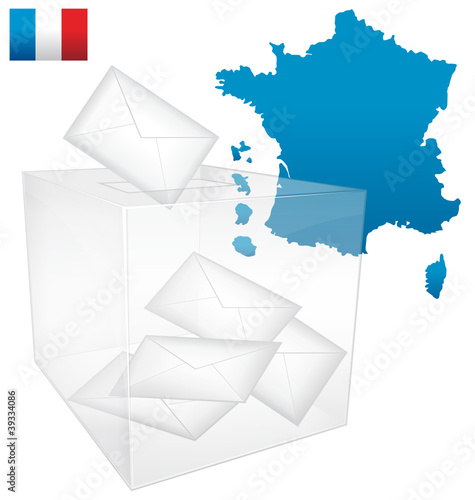 Élections françaises. Urne avec bulletins de vote.