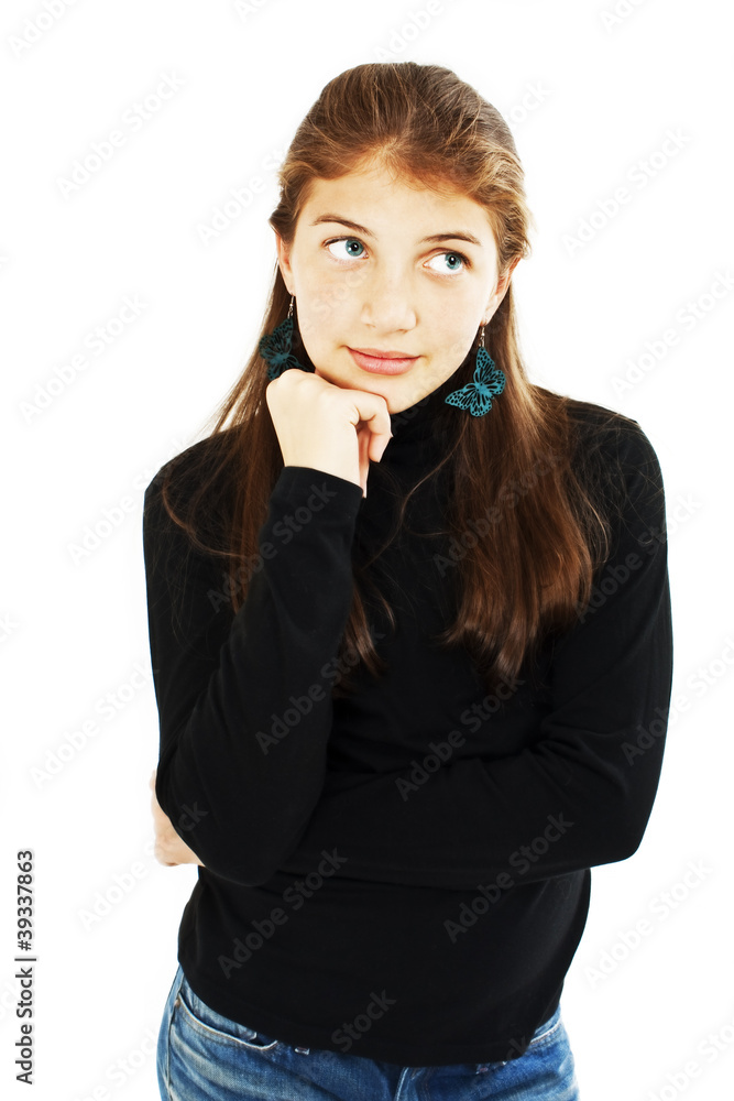 Portrait of attractive teenage girl think looking up Portrait of attractive teenage girl think looking up