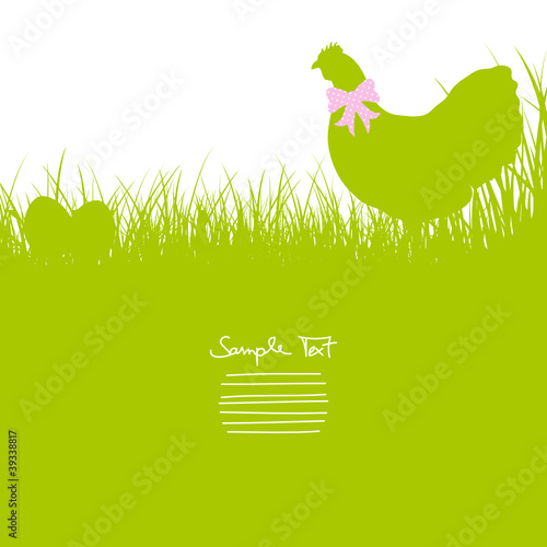 Hen With Bow In Meadow & Eggs Background Green
