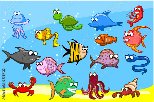 Мультфильм рыб в море, векторная иллюстрация