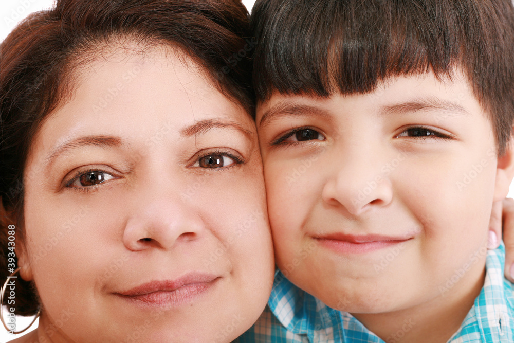 Close-up portrait of a smiling young mother and little son Close-up portrait of a smiling young mother and little son