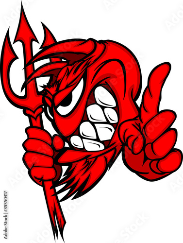 Demon Mascot Head with Pitchfork Vector Cartoon...