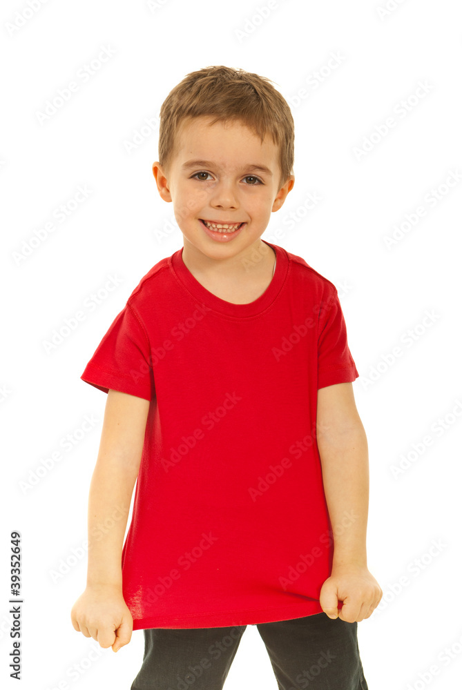 Happy kid showing his blank red t-shirt