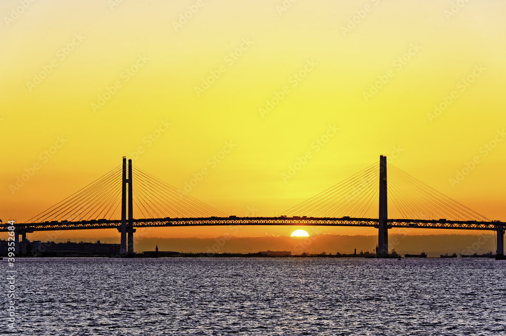 Bay Bridge over sunrise in Yokohama, Japan Bay Bridge over sunrise in Yokohama, Japan