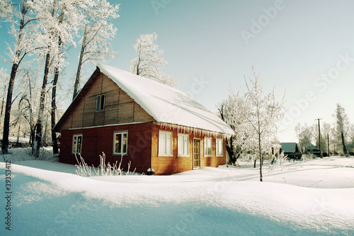 Trees in hoarfrost and red house on morning of winter village