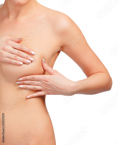 Breast cancer, woman touching her breasts, isolated on white bac © Nobilior