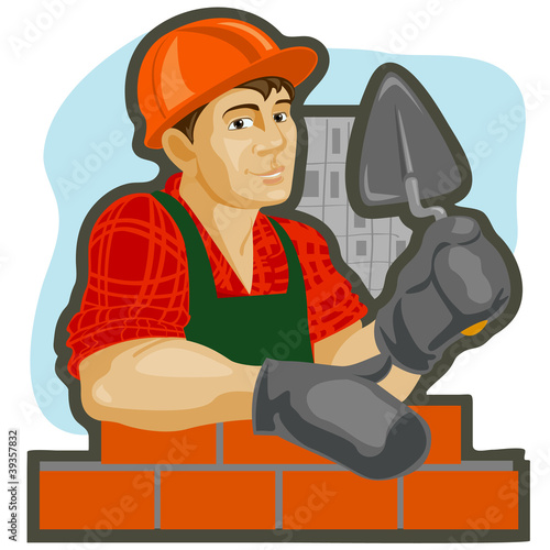 Builder with a trowel in his hand against houses